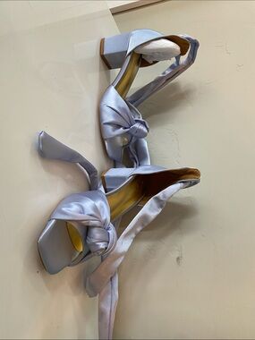 XYD Light Blue Satin Knot Block Heel Sandals with Ankle Tie